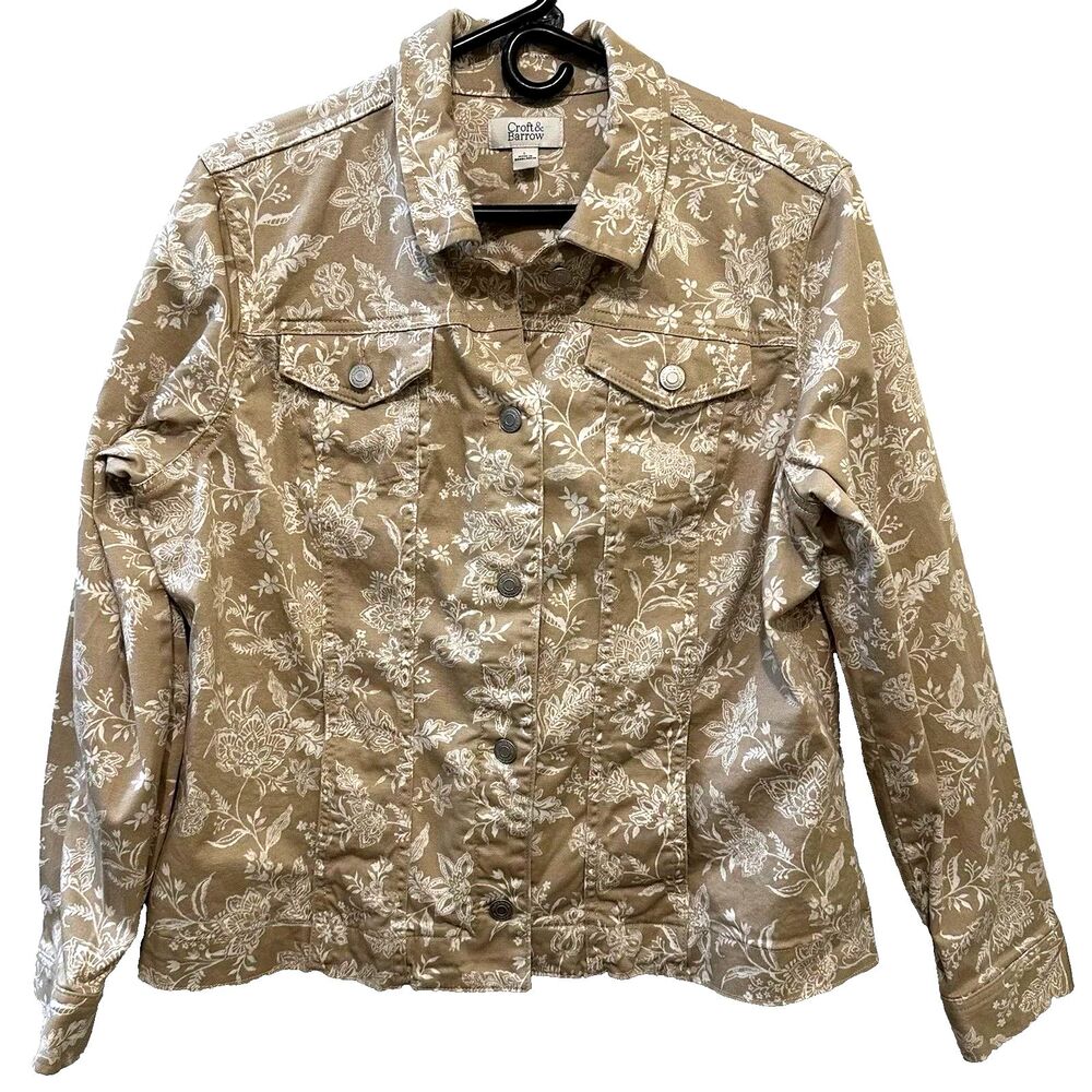 Croft & Barrow Women’s Size L Tan/White Floral Print Cotton Stretch Jacket